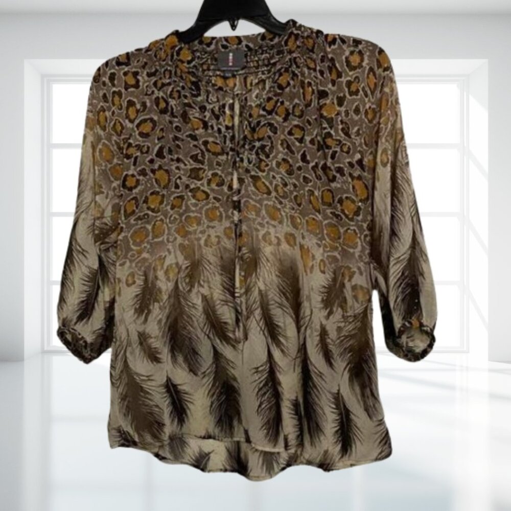 i Jeans by Buffalo Animal Print Sheer Gold Fleck Blouse Top Medium Flowy Boho - Picture 2 of 16